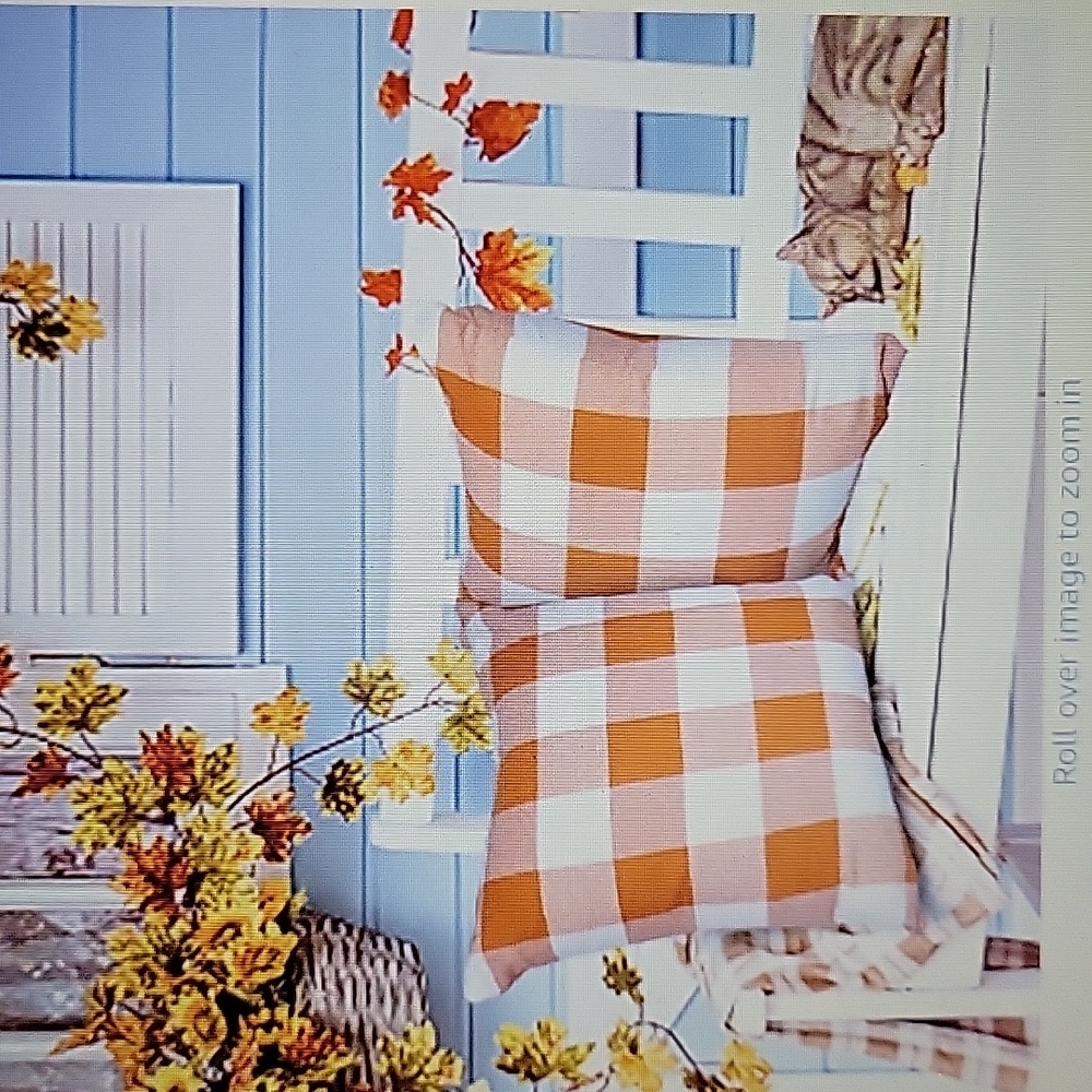 Set Of 2 orange & white Buffalo check pillow covers 16 x 16 inch linen New …